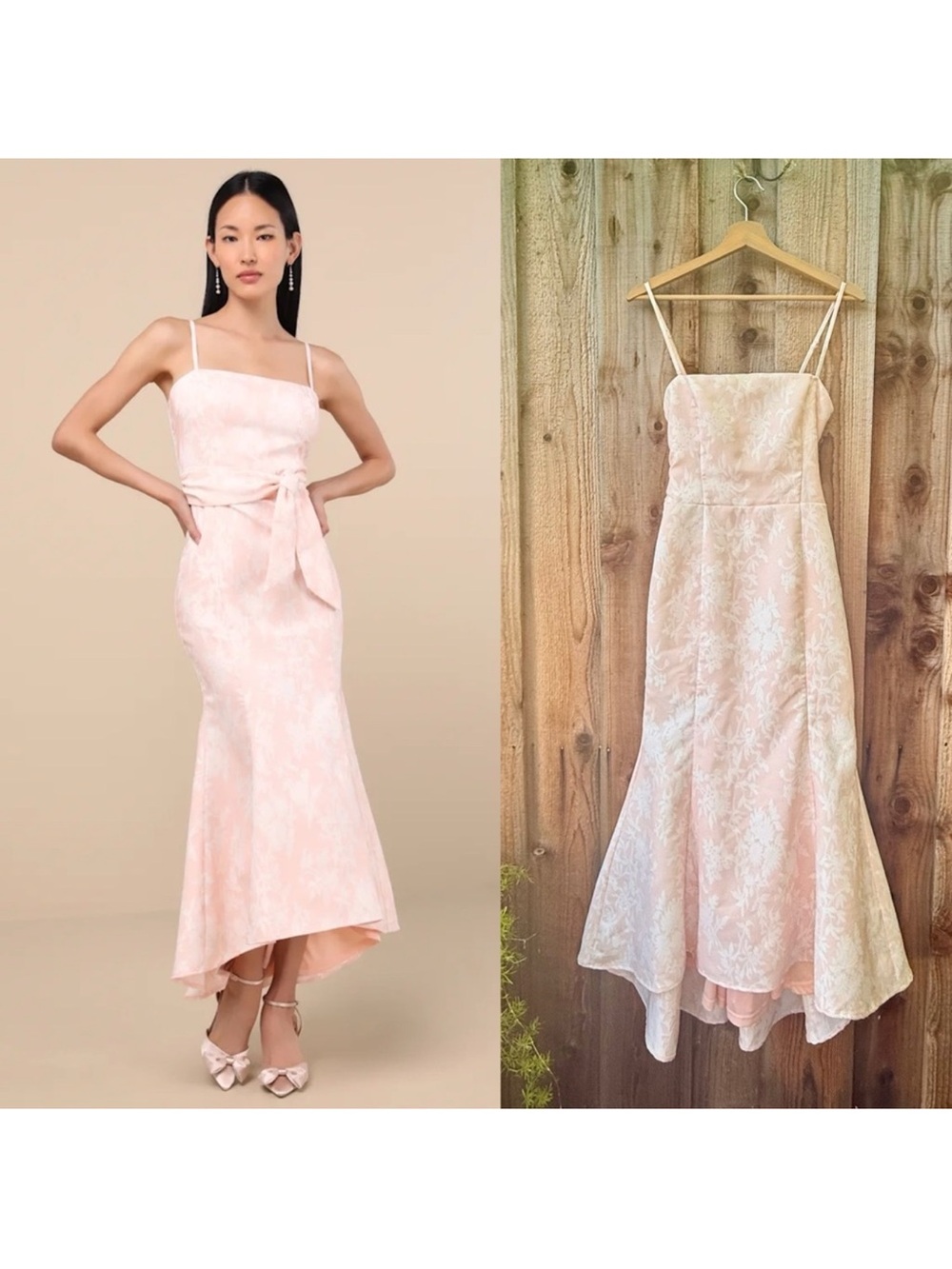 Blush Pink Floral Jacquard High-Low Mermaid Midi Dress 🌿 - Picture 3 of 11